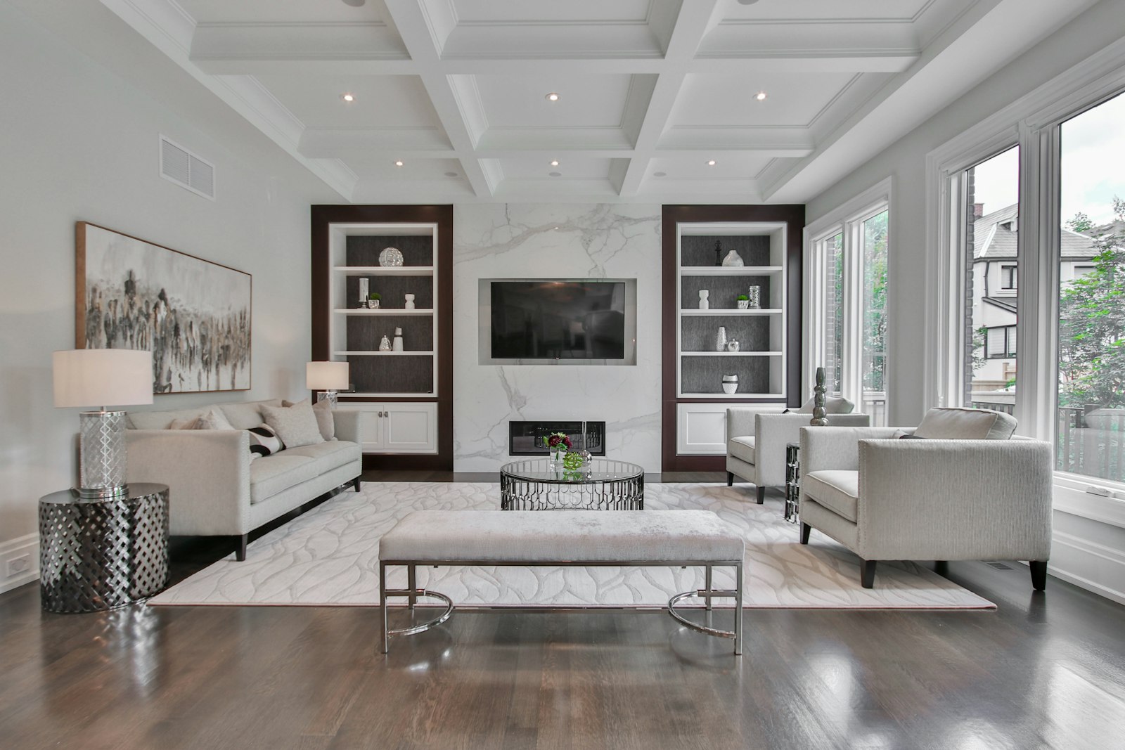 An elegant living room with coffered ceilings