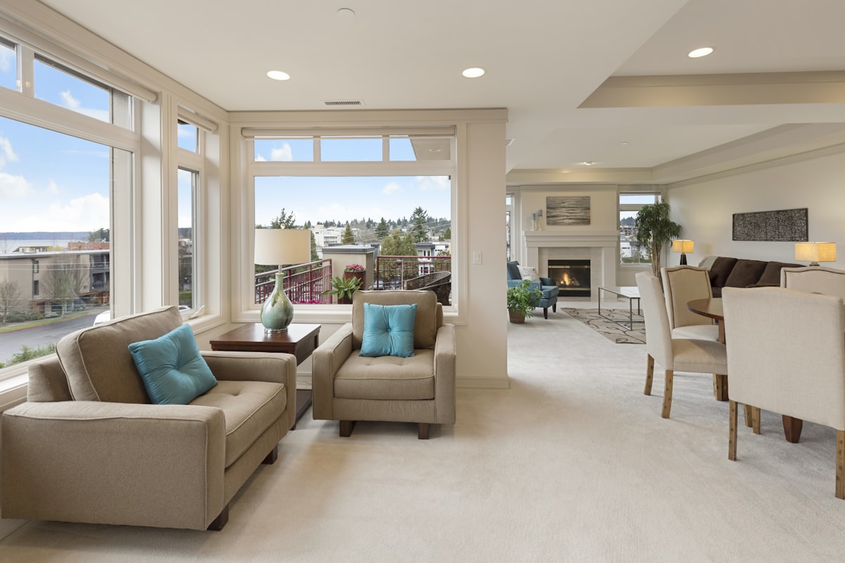 Warm family room with large windows
